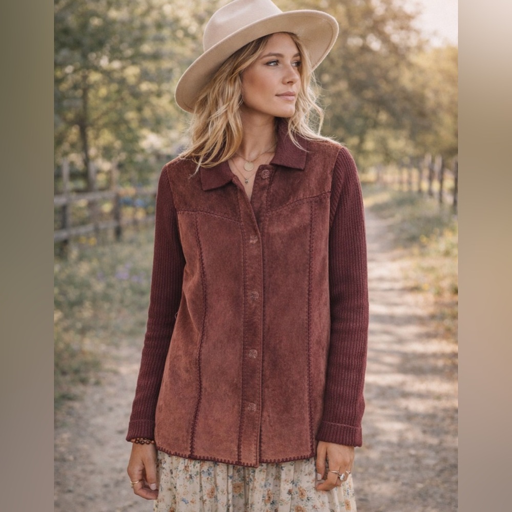 Vintage Pamela McCoy leather and wool burgundy jacket - S